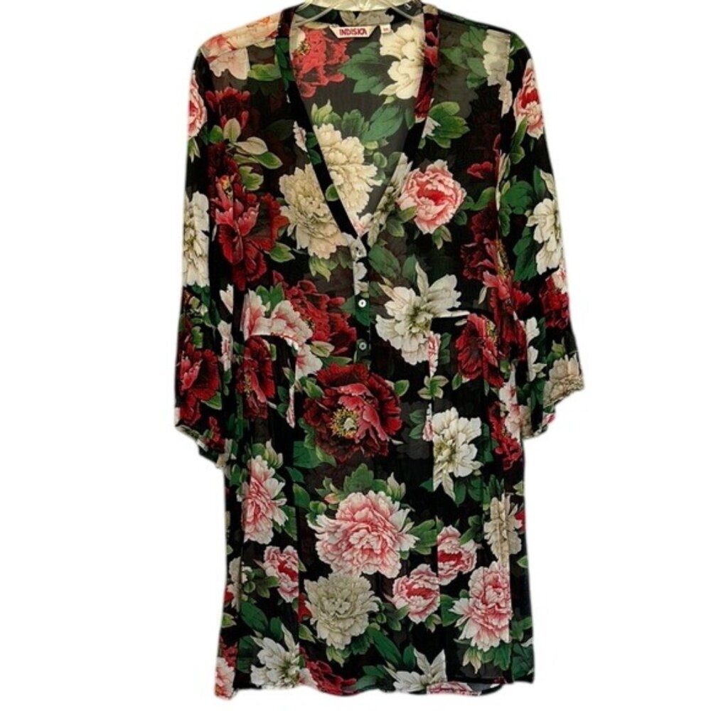 Elegant Sheer Black and Red Floral Dress